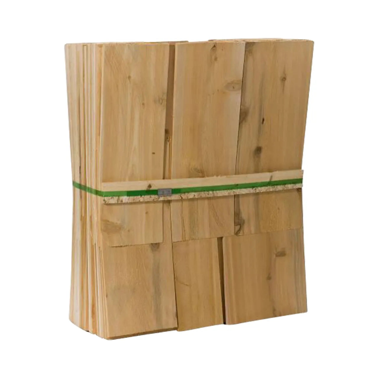 A bundle of Go Build 16 in. Natural Eastern White Cedar Wood Grade C 2nd Clear Architectural Shingles (25 sq. ft. per bundle), stacked and secured with two green straps, isolated on a white background.
